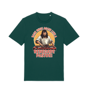 green funny jesus t-shirt with the graphic of jesus on the turntables and the slogan 'back once again like a renegade pastor'