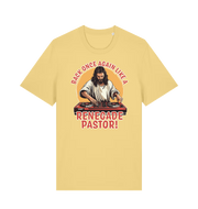 yellow funny jesus t-shirt with the graphic of jesus on the turntables and the slogan 'back once again like a renegade pastor'
