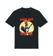 black funny offensive t-shirt with the graphic of a cockerel playing the guitar and the slogan 'rock out with your cock out' 