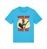 blue funny offensive t-shirt with the graphic of a cockerel playing the guitar and the slogan 'rock out with your cock out' 