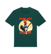 green funny offensive t-shirt with the graphic of a cockerel playing the guitar and the slogan 'rock out with your cock out' 