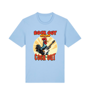 light blue funny offensive t-shirt with the graphic of a cockerel playing the guitar and the slogan 'rock out with your cock out' 