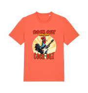orange funny offensive t-shirt with the graphic of a cockerel playing the guitar and the slogan 'rock out with your cock out' 