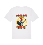 white funny offensive t-shirt with the graphic of a cockerel playing the guitar and the slogan 'rock out with your cock out' 
