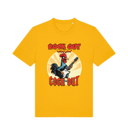 yellow funny offensive t-shirt with the graphic of a cockerel playing the guitar and the slogan 'rock out with your cock out' 