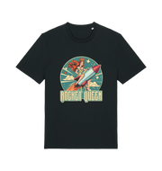 black music t-shirt with the graphic of a woman riding a rocket and the slogan 'rocket queen'