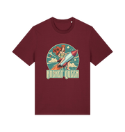 burgundy music t-shirt with the graphic of a woman riding a rocket and the slogan 'rocket queen'