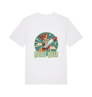 white music t-shirt with the graphic of a woman riding a rocket and the slogan 'rocket queen'