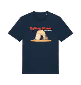 navy funny jesus t-shirt with the graphic of a cave with a boulder in front and the slogan 'rolling stones since ad 33'