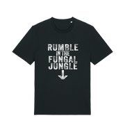 black funny offensive t-shirt with the slogan 'rumble in the fungal jungle'
