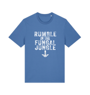 blue funny offensive t-shirt with the slogan 'rumble in the fungal jungle'