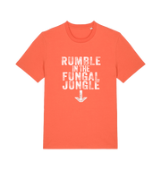 orange funny offensive t-shirt with the slogan 'rumble in the fungal jungle'