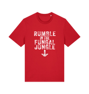 red funny offensive t-shirt with the slogan 'rumble in the fungal jungle'