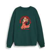 green christmas sweater with the graphic of santa and the slogan 'ask your mum if i'm real'