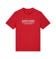red funny slogan t-shirt with 'sarcasm the body's natural defence against stupidity'
