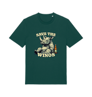 green funny animal t-shirt with the graphic of a rhino sat next to a bottle of beer and the slogan 'save the winos'