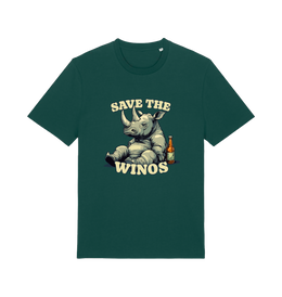 green funny animal t-shirt with the graphic of a rhino sat next to a bottle of beer and the slogan 'save the winos'