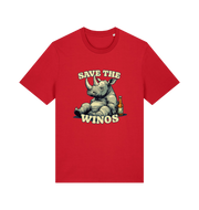 red funny animal t-shirt with the graphic of a rhino sat next to a bottle of beer and the slogan 'save the winos'