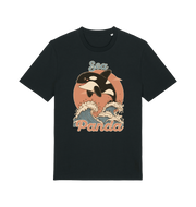 black funny animal t-shirt with the graphic of an orca whale and the slogan 'sea panda'