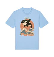 light blue funny animal t-shirt with the graphic of an orca whale and the slogan 'sea panda'