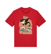 red funny animal t-shirt with the graphic of an orca whale and the slogan 'sea panda'