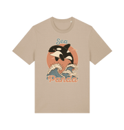sand funny animal t-shirt with the graphic of an orca whale and the slogan 'sea panda'