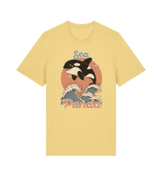 yellow funny animal t-shirt with the graphic of an orca whale and the slogan 'sea panda'