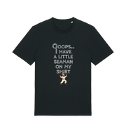 black funny offensive t-shirt with the graphic of a sailor on and the slogan 'oops i have a little seaman on my chest'