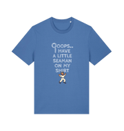blue funny offensive t-shirt with the graphic of a sailor on and the slogan 'oops i have a little seaman on my chest'