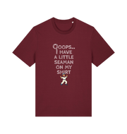 burgundy funny offensive t-shirt with the graphic of a sailor on and the slogan 'oops i have a little seaman on my chest'