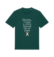 green funny offensive t-shirt with the graphic of a sailor on and the slogan 'oops i have a little seaman on my chest'