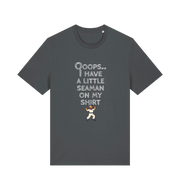 grey funny offensive t-shirt with the graphic of a sailor on and the slogan 'oops i have a little seaman on my chest'