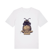 white funny offensive t-shirt with the graphic of a dung beetle and the slogan 'i've seen some shit'