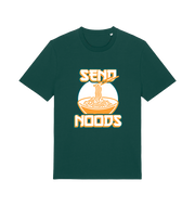 green funny t-shirt with the graphic of a bowl of noodles and the slogan 'send noods'