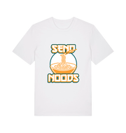 white funny t-shirt with the graphic of a bowl of noodles and the slogan 'send noods'