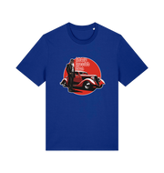 blue music t-shirt with the graphic of a man in a suit stood next to a red car and the slogan 'sharp dressed man'