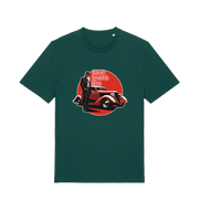 green music t-shirt with the graphic of a man in a suit stood next to a red car and the slogan 'sharp dressed man'