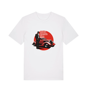 white music t-shirt with the graphic of a man in a suit stood next to a red car and the slogan 'sharp dressed man'