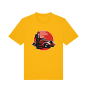yellow music t-shirt with the graphic of a man in a suit stood next to a red car and the slogan 'sharp dressed man'