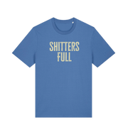 blue funny t-shirt withthe slogan 'shitters full'