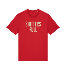 red funny t-shirt withthe slogan 'shitters full'