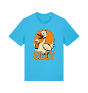 blue funny animal t-shirt with the graphic of a goose holding a beer and the slogan 'silly'