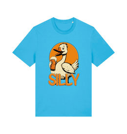 blue funny animal t-shirt with the graphic of a goose holding a beer and the slogan 'silly'