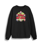 black christmas jumper with the graphic of santa and some popular horror movie characters with the slogan 'slay all day'