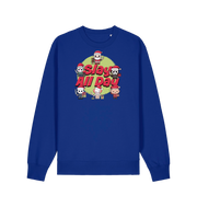 blue christmas jumper with the graphic of santa and some popular horror movie characters with the slogan 'slay all day'