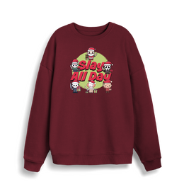 burgundy christmas jumper with the graphic of santa and some popular horror movie characters with the slogan 'slay all day'