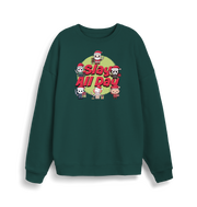 green christmas jumper with the graphic of santa and some popular horror movie characters with the slogan 'slay all day'