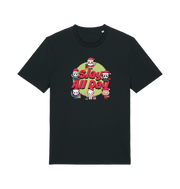 black christmas t-shirt with the graphic of some popular horror movie characters with santa and the slogan 'slay all day'