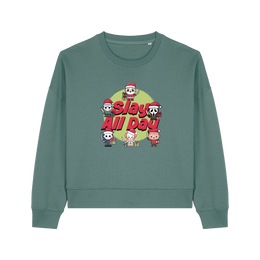 green christmas jumper with the graphic of santa with some popular horror movie characters and the slogan 'slay all day'