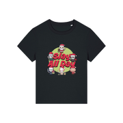 black christmas t-shirt with the graphic of some popular horror movie characters with santa and the slogan 'slay all day'